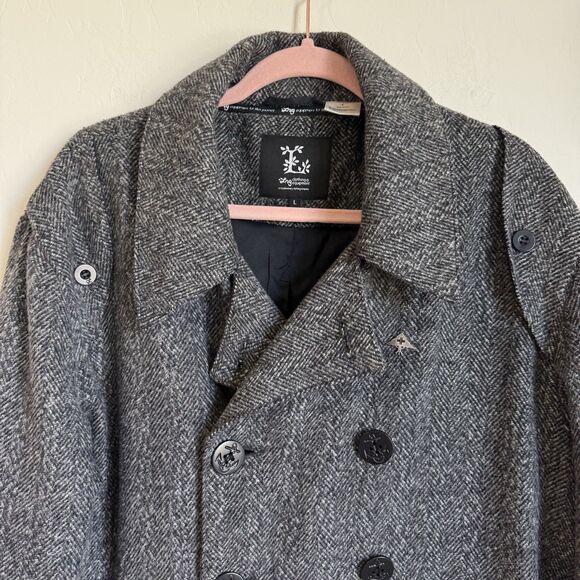 Lifted Research Group LRG Gray Herringbone Wool Blend Double Breasted Pea Coat L - Picture 5 of 16